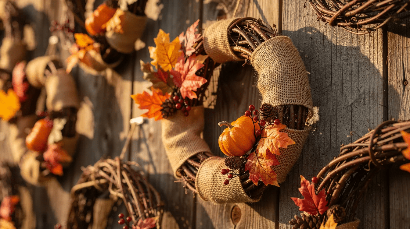 4d76ad55-2537-4154-b290-09152ba1ac8a The image features a cozy fall wreath made from burlap and twigs, adorned with mini pumpkins and colorful autumn leaves, perfect for decorating a home during the fall season. This fun fall craft showcases the creativity of using natural materials to celebrate the beauty of autumn.