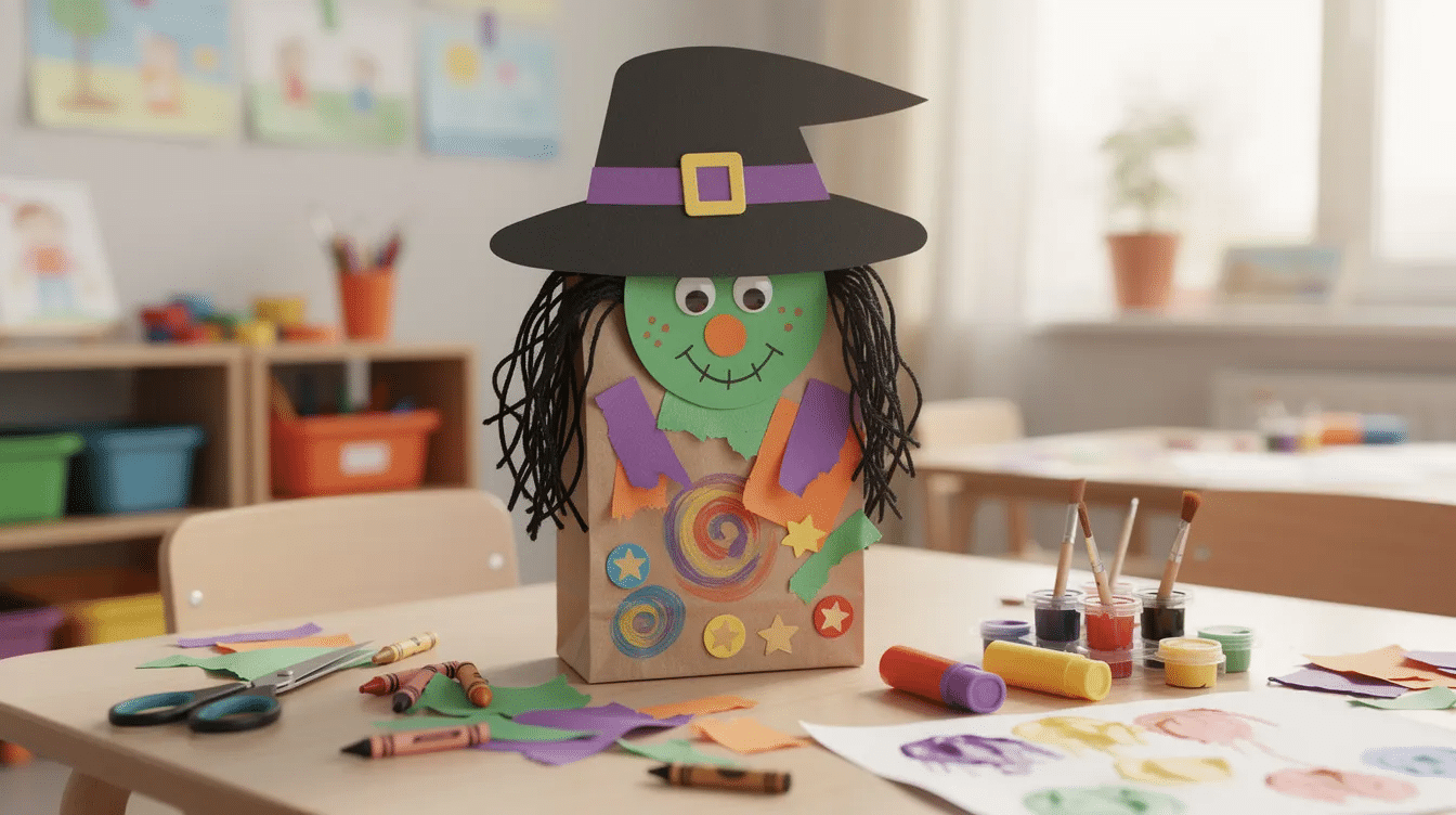 4e264ac1-4645-42a2-87c4-5d27028bd1bc The image depicts a whimsical paper bag witch puppet crafted from a brown lunch bag, adorned with a colorful construction paper hat and face, and featuring wild yarn hair. This easy Halloween craft is perfect for kids, encouraging creativity and fine motor skills while adding a touch of spooky fun to the Halloween spirit.