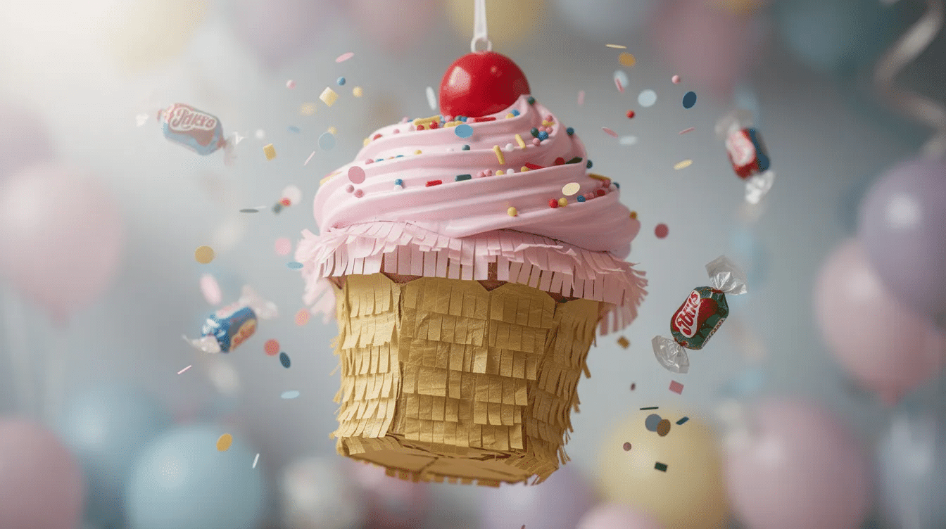 4f11070d-1d25-40d4-92be-d8fa3a9028a3 The image features a vibrant cupcake piñata, designed to resemble a colorful treat with icing and sprinkles, showcasing a fun and festive appearance. This delightful piñata is filled with small candies, making it a huge hit at parties and celebrations.