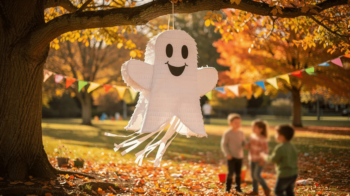 4f4d6305-892e-41ec-ab76-8d0e26fa9101 A friendly white ghost piñata, with a smiling face, hangs from a tree branch at an outdoor children's party, surrounded by colorful autumn leaves. This festive decoration, made of crepe paper and paper mache, adds a touch of magic and fun to the celebration.