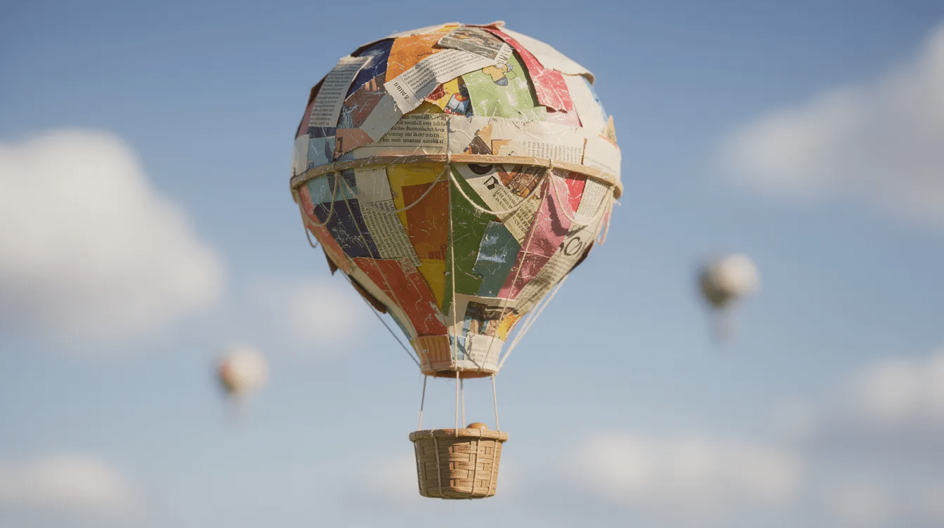 506b2b60-4dc0-4c5a-aec2-194b71562fc0 The image depicts a colorful paper mâché hot air balloon, crafted from layers of newspaper and decorated with vibrant acrylic and poster paint. It features a small opening at the bottom for hanging, and is designed as a fun project for kids to create and display in a boys' room.