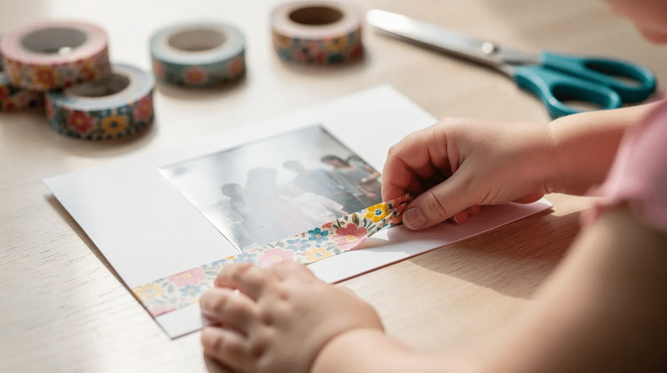 5080ad78-5c20-4b8a-95d3-a88b4b8b2259 A small child's hands are carefully pressing a vibrant floral washi tape onto a white card that features one photo, likely a favorite memory, mounted on it. This creative act captures the essence of decorating and personalizing pictures for display, possibly as a polaroid magnet to showcase on a fridge or locker.