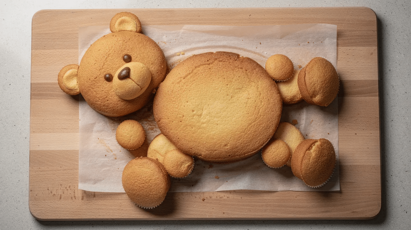 517a0bd8-6503-484f-9df8-50c7df3d0054 A top-down view showcases an incredibly easy teddy bear cake design, featuring round cakes and cupcakes arranged on a cake board to form a lying-down teddy bear. The cakes are ready for frosting, with hints of chocolate buttercream and light brown frosting, perfect for a child's birthday party or baby shower.