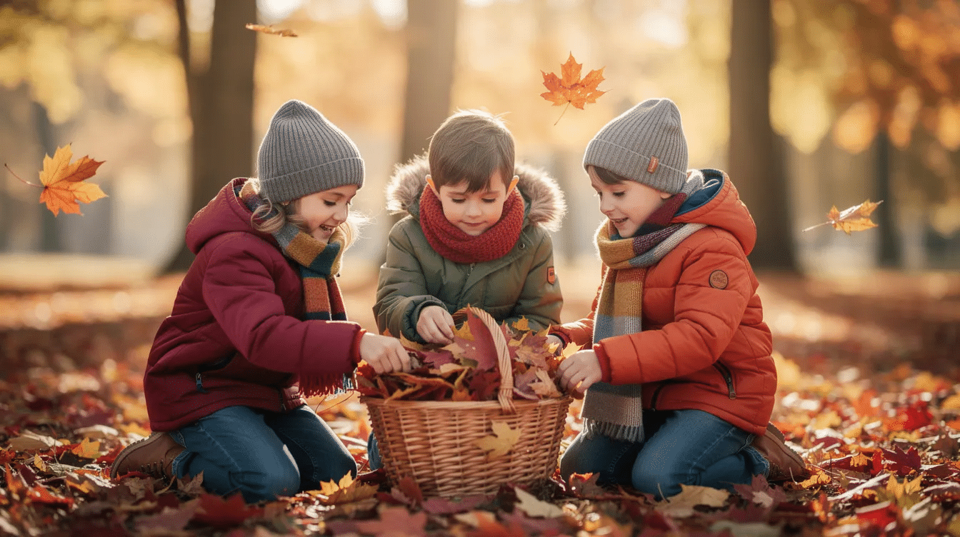 52eff071-9185-4bd0-b243-f7614e70b243 A group of children joyfully collects a variety of colorful fallen leaves in a basket on a sunny autumn day, showcasing the vibrant fall colors. This fun outdoor activity encourages creativity and fine motor skills, making it a perfect fall art project for kids.