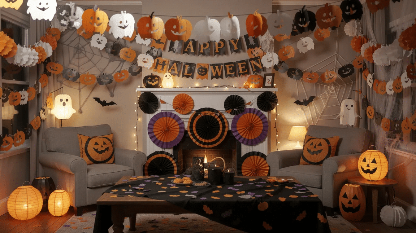 52ff032b-e630-4dc2-a2ee-2bc8a581d1c0 The image showcases a vibrant display of Halloween decorations, featuring colorful paper garlands adorned with spooky elements like paper bats, floating ghosts, and witches hats. This festive arrangement is perfect for adding a touch of Halloween spirit to any party or home, making it an easy and fun paper craft project for kids and families during the holiday season.