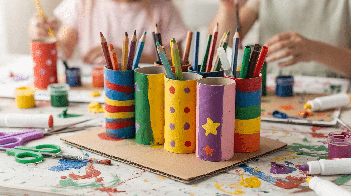 535165e4-931a-46bb-bec0-5502fbd301ce The image features a colorful DIY desk organizer made from six to eight painted toilet paper tubes glued onto a piece of cardboard, creating a fun caddy with compartments perfect for holding pencils and markers upright. This creative project is ideal for kids looking to organize their desk supplies while spending time crafting.