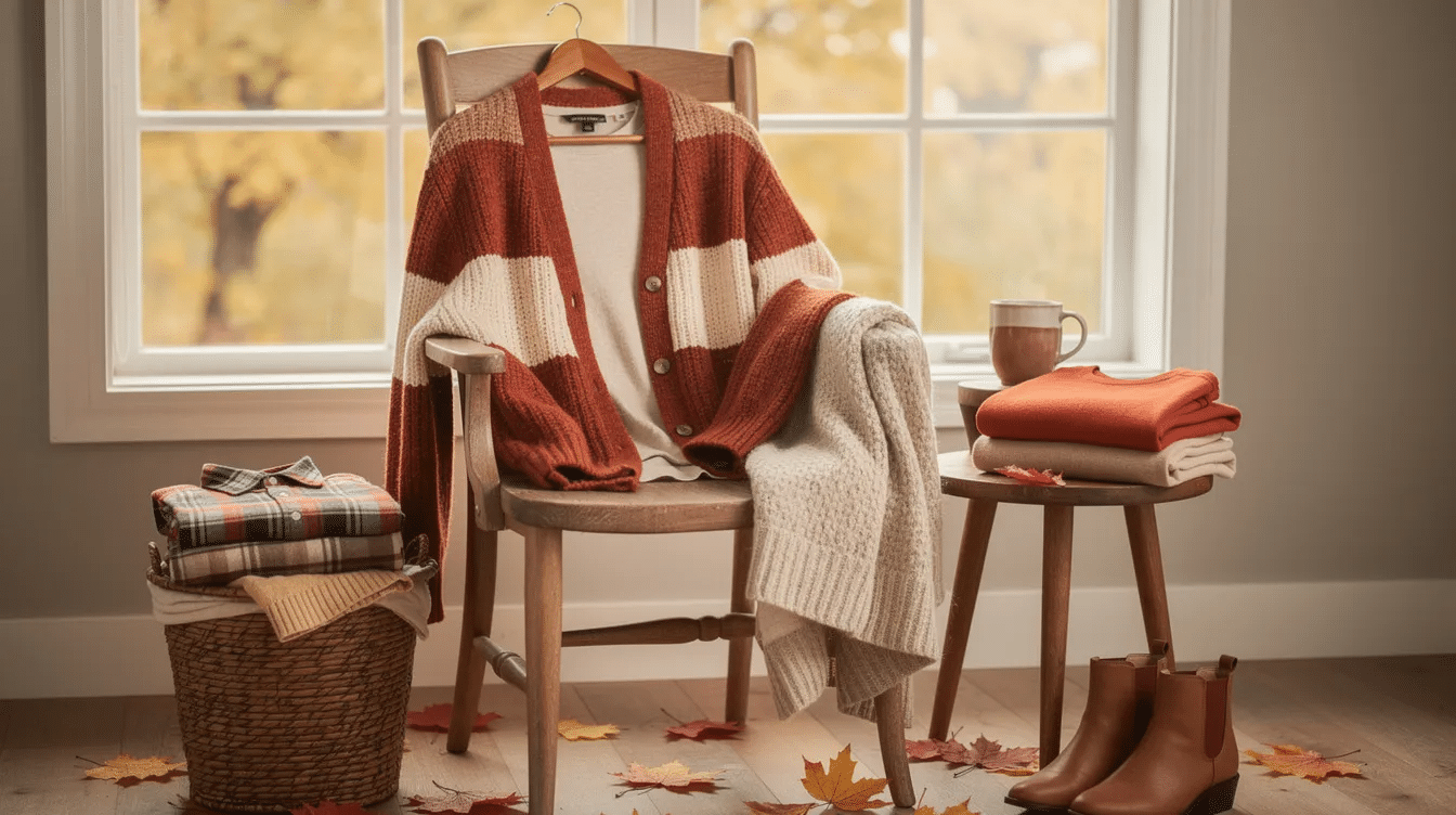 545fad2b-56eb-44cd-b0c3-ca9d9b794863 The image features a cozy fall cardigan, showcasing warm fall colors and textures that make it an ideal layering piece for the season. This super easy sewing project is perfect for beginners looking to create stylish garments using flannel or sweater knits.