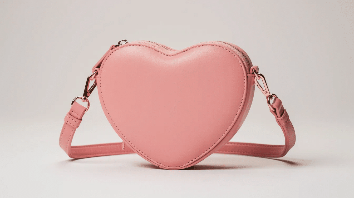 555f32d9-4431-4744-af5a-5eca1597a74d The image features a stylish heart-shaped shoulder bag displayed in a shop setting, highlighting its fashionable design and appealing colors. A price tag is visible, inviting customers to discover this trendy product and add it to their cart.