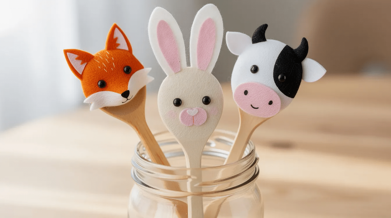 56fc2827-5432-4c44-be53-c5f816338724 Three colorful wooden spoon puppets—a fox, a bunny, and a cow—are standing upright in a glass jar, each featuring painted faces and felt ears, showcasing their unique character details. These charming spoon puppets are perfect for kids' puppet shows and creative projects.
