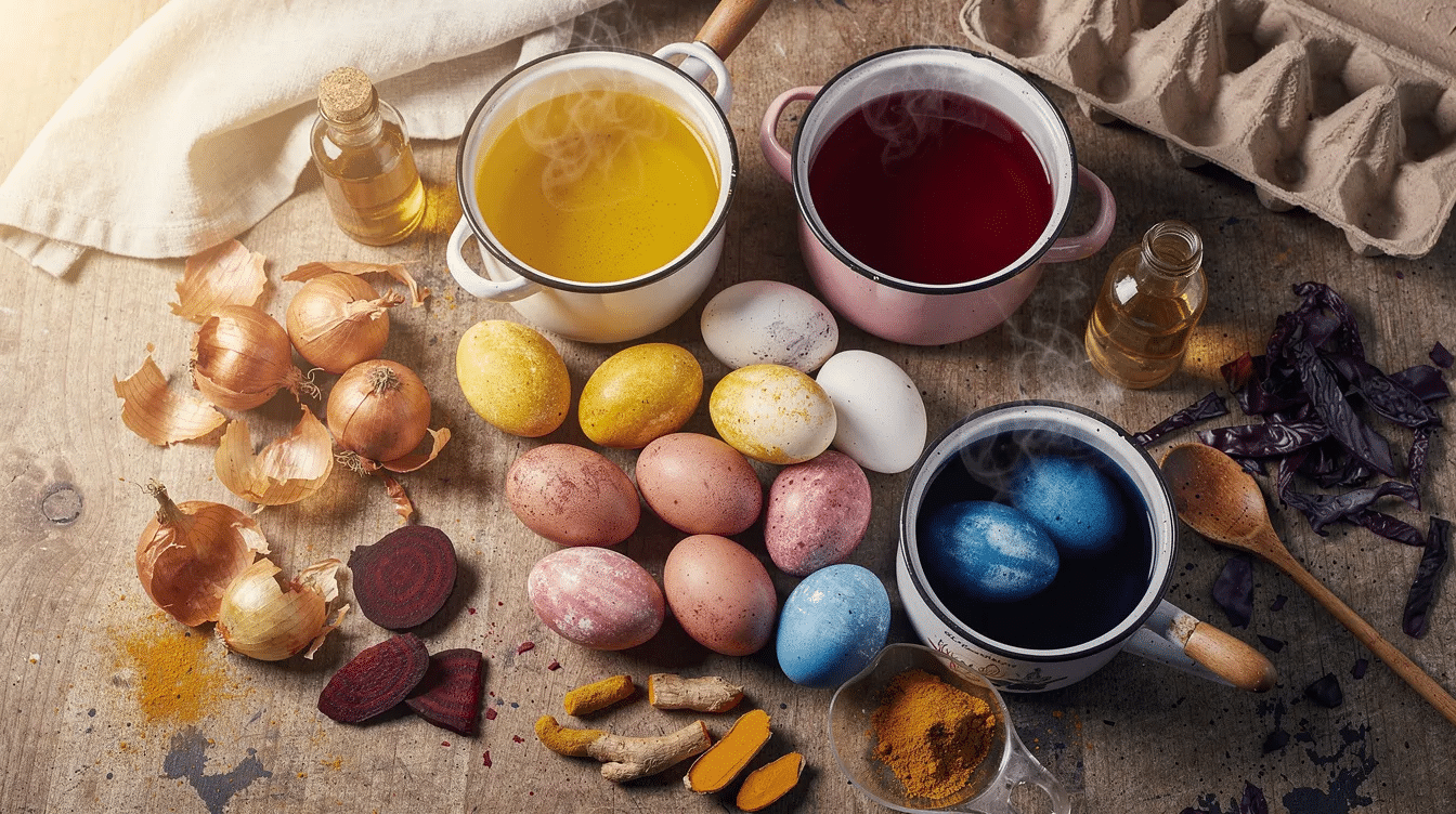 58673151-13e1-461d-b339-f84f74745173 The image showcases beautifully dyed Easter eggs using natural ingredients like onion skins, beets, and turmeric, creating rich hues of yellow, pink, and blue. This eco-friendly approach to Easter crafts highlights a charming and sophisticated way to decorate eggs for the Easter season.