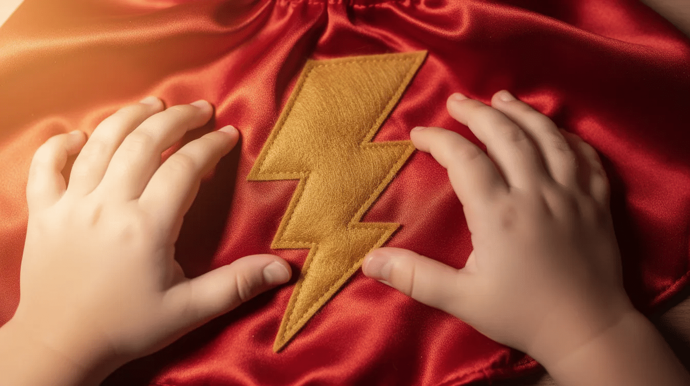 58b70092-26f1-4c57-9647-817e07dd8672 A close-up image shows small hands pressing a gold felt lightning bolt onto a shiny red superhero cape fabric, perfect for little ones who love to play and use their imagination. The vibrant colors and textures highlight the creativity involved in making a cute dress-up item for kids.