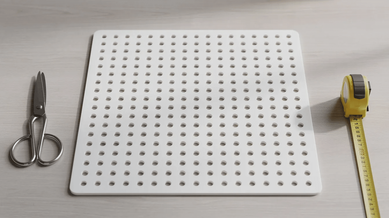 5903a9b8-499c-4d7b-8593-9b0e76925b29 The image shows a white pegboard featuring evenly spaced holes, accompanied by scissors and a tape measure on a crafting table, ideal for organizing tools for cross stitch projects. This setup suggests a creative space ready for stitching patterns and completing various craft tasks.
