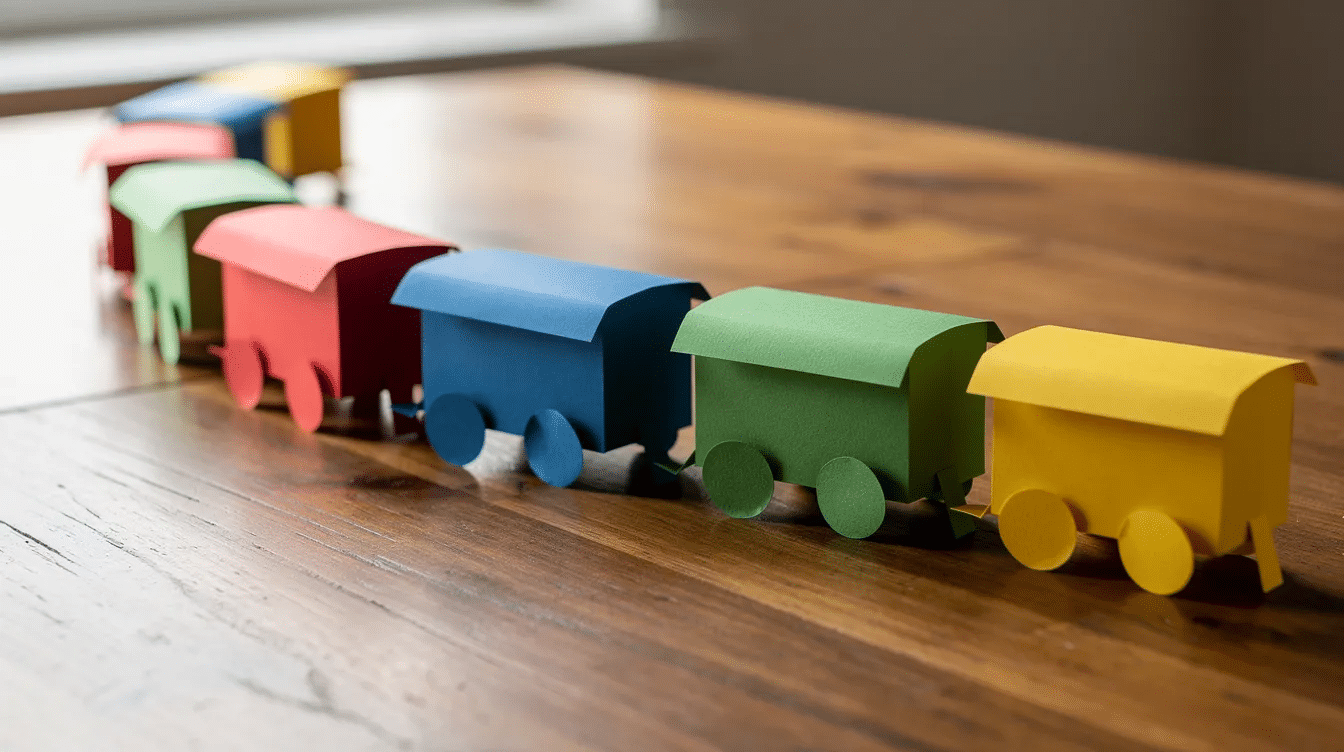 5a1d83db-2d97-46cc-bf14-a6ab45f7a13f A colorful paper train made up of red, blue, green, and yellow connected train cars is displayed on a wooden surface, showcasing the creativity and fun of crafting with simple materials. This playful arrangement highlights the fine motor skills involved in making a paper train, perfect for kids and older children alike.