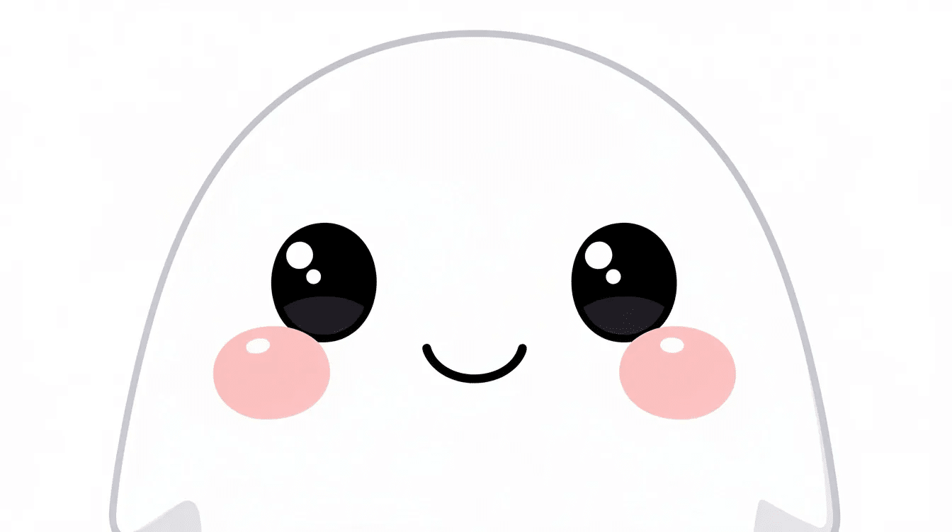 5a1f5a9c-dc4f-4afe-8c41-a9f379ce3d15 A close-up of a cute white ghost face features large friendly black oval eyes, a small smiling mouth, and pink circular cheeks, embodying the spirit of Halloween. This adorable ghost piñata, made from layers of crepe paper and paper mache, is perfect for children's parties and festivities, adding a touch of fun and delight to any celebration.