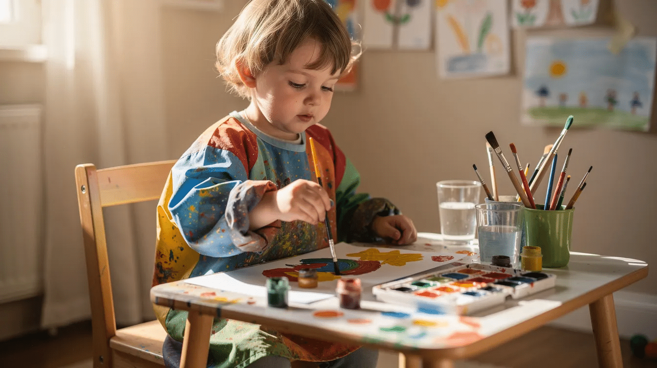 5a5c5842-7041-4db6-beb0-3e9166631a85 A young child is joyfully painting at a small table, wearing a colorful oversized art smock that features full-length sleeves and elastic cuffs to protect their clothes from paint stains. The lively scene showcases the child's creativity as they use bright watercolors, with a large front pocket on the smock ready to hold their brushes and materials.