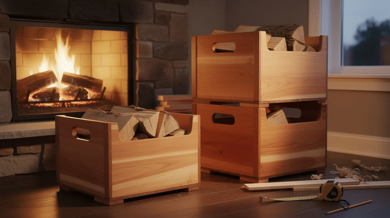 5d456f0c-c910-47e8-ae6e-c16e1f297a14 The image depicts stackable firewood storage boxes made from cedar, featuring cut-out handles for easy transport. These rustic boxes are designed to sit beside a fireplace, seamlessly transitioning from outdoor projects to indoor fall decor, making them a perfect DIY project for autumn.