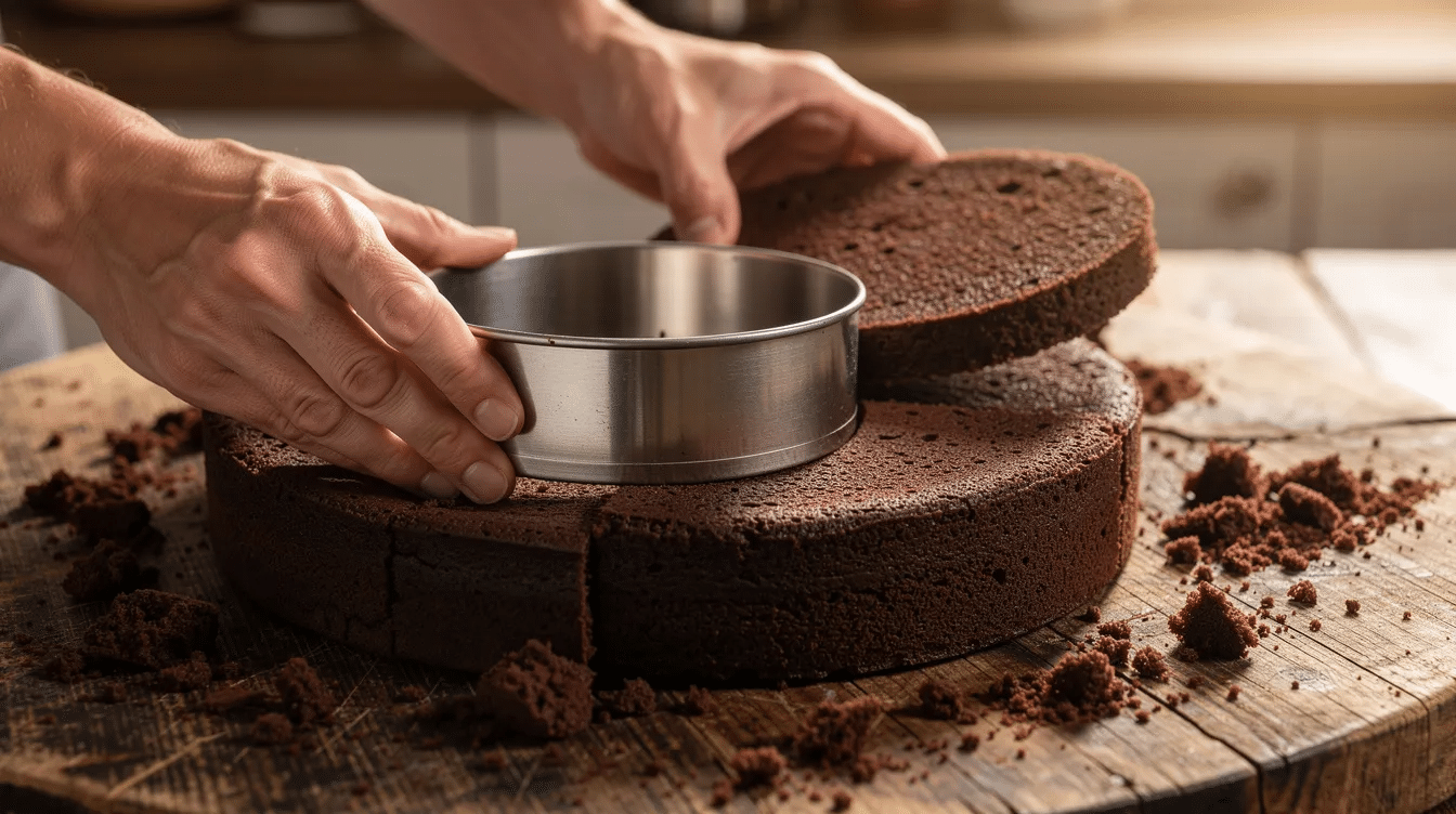 5d99c291-9d69-4ade-9f16-494c50810602 A pair of hands is pressing a round cookie cutter into the center of a chocolate cake layer resting on a wooden cutting board, while a circular piece of cake is being lifted out, revealing the interior. This scene captures the preparation of a delicious piñata cake, showcasing the careful layering and shaping of the cake layers.