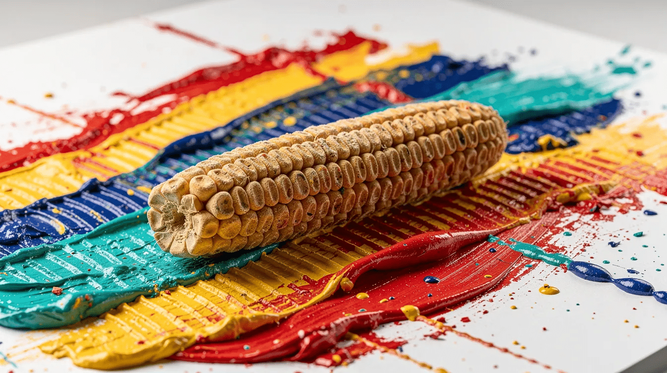 5e767e3d-ce43-4fa3-bcfe-ec57dd011f7e An artistic scene depicts a dried corn cob being rolled through vibrant orange and yellow paint on a large sheet of brown construction paper, creating textured patterns. This engaging activity is a fun fall craft that promotes fine motor skills in preschoolers while exploring autumn-inspired art projects.
