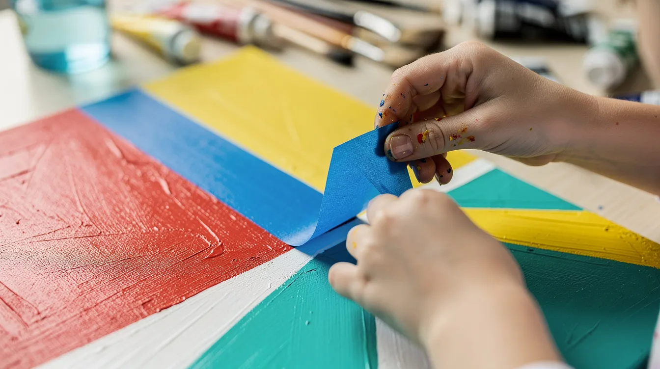 5f9e9f4d-4a19-4067-8370-9e563f9f6656 A child's hands are carefully peeling blue painter's tape off a vibrant canvas, revealing sharp geometric shapes and colorful patterns underneath. This playful art activity showcases the fun of crafting and inspires new hobbies among kids, highlighting the creative techniques involved in painting.