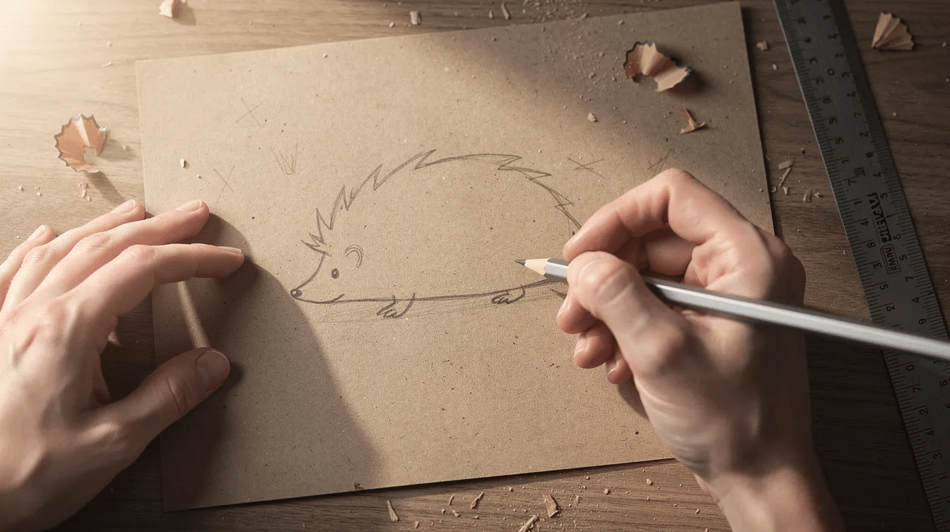 5fa451cc-5334-429e-bc11-fe0fe60a6e8c A pair of hands is sketching an adorable hedgehog shape onto a piece of brown paper, with a pencil and a ruler placed nearby, suggesting a fun sewing project for a cute hedgehog pillow. The details of the drawing include markings for seam allowance and other sewing instructions.