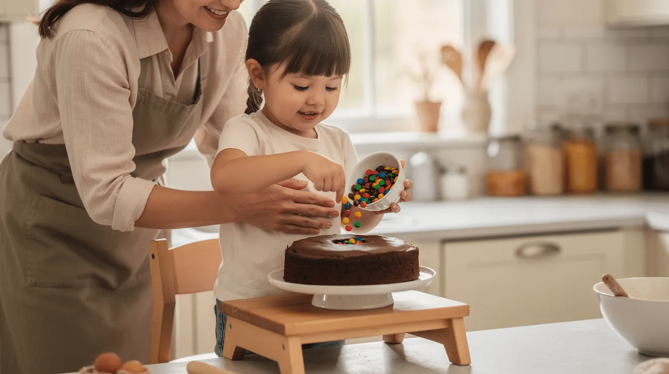 606a6700-16b1-4ff1-b8a0-97e38a7db97c A parent and young child are standing at a kitchen counter, with the child on a step stool, carefully pouring colorful round candies into a hole in the center of a chocolate cake layer. The scene captures the joyful moment of creating a fun piñata cake, showcasing the excitement of baking together as a family.