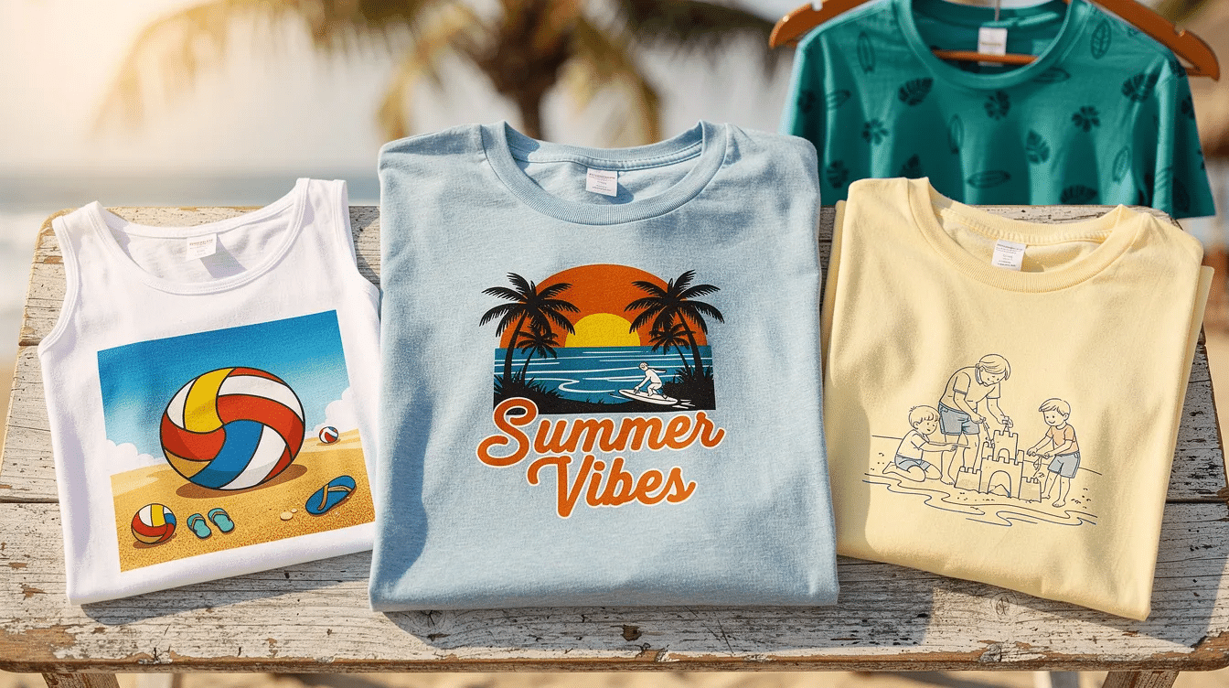 606e3aa6-8b34-43d1-9f52-0c4588865911 The image features a collection of vibrant summer activity shirts, including soft t-shirts adorned with palm leaf prints, perfect for beach outings. Various styles and colors are displayed, showcasing comfortable options to enhance your summer wardrobe.