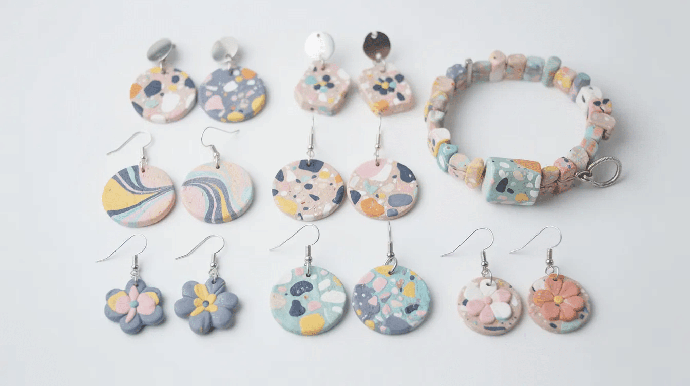 611aabe2-88d1-42a8-ad00-d1627836b6f9 The image showcases a vibrant assortment of polymer clay jewelry, including a pair of colorful earrings and a matching necklace, all featuring unique shapes and textures. The finished pieces display a blend of pink and gray hues, highlighting the fun and creative possibilities of DIY clay earrings.