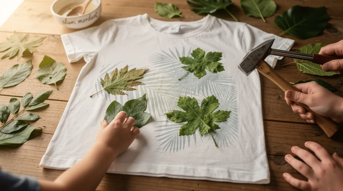 6197c364-b5ce-49b6-a8ec-16d03646a836 The image showcases a plain palm leaf printed tee, serving as a creative canvas for family DIY craft projects. Techniques like leaf hammering with real leaves are depicted, highlighting the fun and artistic possibilities on 100% cotton fabric.