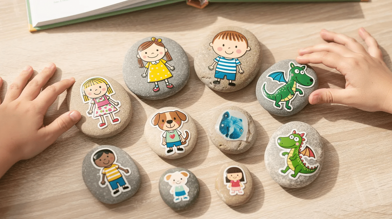 61e71e4e-7153-4dd7-86b9-56d2aefce990 The image showcases a collection of character story stones, featuring painted images of various figures such as a girl, a boy, a dog, and a dragon, all placed together on a flat surface. These assorted stones serve as a fun way for children to engage in storytelling and use their imagination, creating their own stories with each unique character.