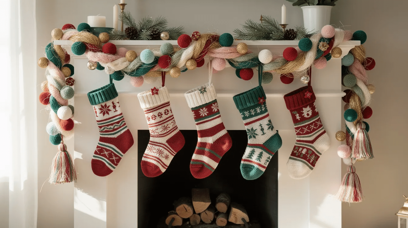 61f7bb1d-e68b-46a2-96ef-0b0463a94dec A colorful, fluffy DIY fabric garland made from fabric strips hangs across a white fireplace mantel, with adorable Christmas stockings neatly arranged below. The garland features various patterns and textures, adding a festive touch to the holiday decor.