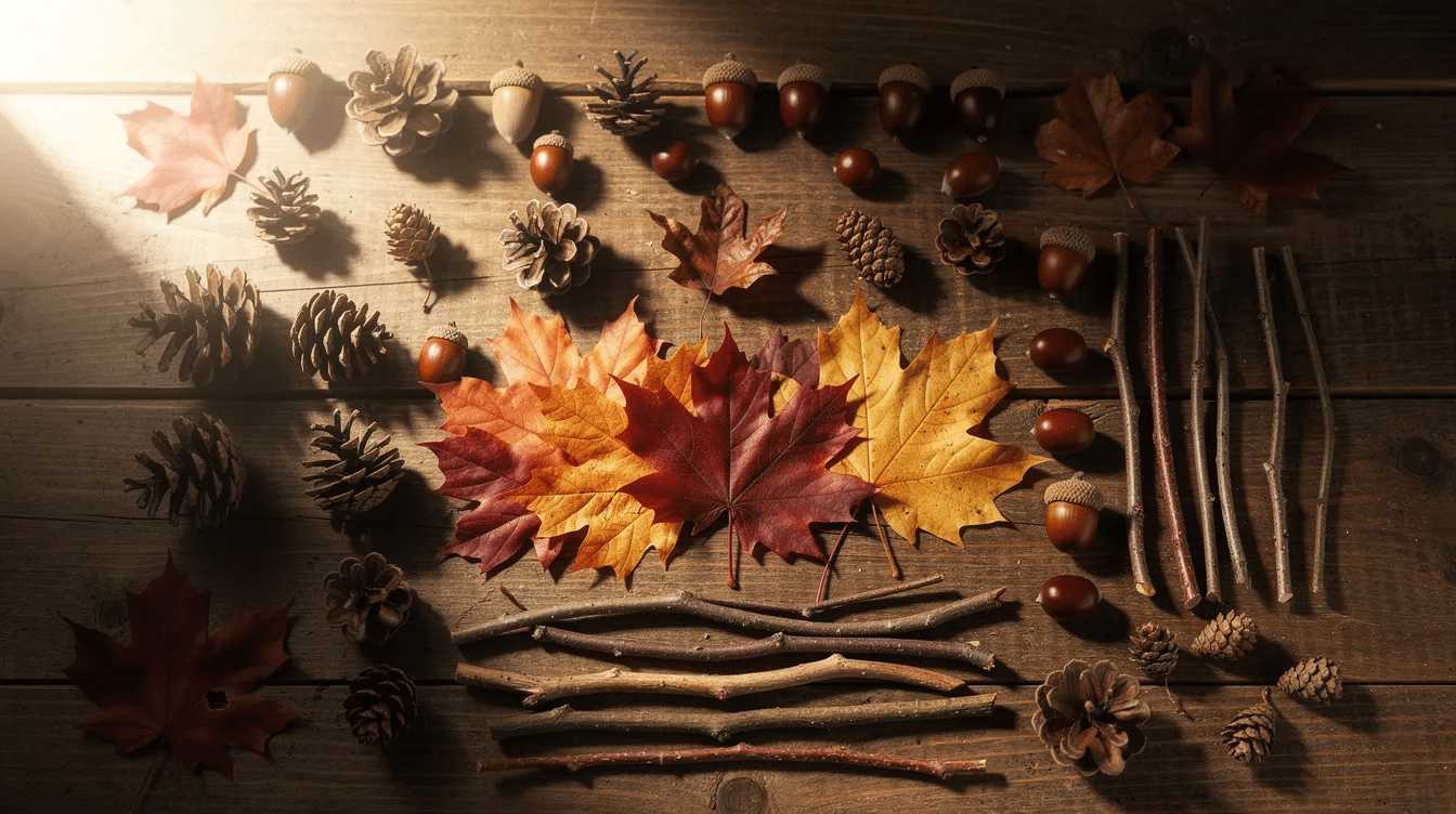 620546dc-5e0f-4fa7-ad52-ff59af9fcc3d An assortment of pinecones, colorful autumn leaves, acorns, and twigs is beautifully arranged on a wooden surface, perfect for fall crafts and easy Thanksgiving crafts. This collection of natural materials invites creativity and fun activities, making it ideal for kids and adults alike to celebrate the season.