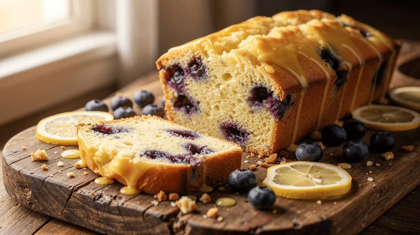 62835e0a-f021-4f7c-8760-32bca7c892d5 A golden lemon blueberry loaf cake is elegantly displayed on a rustic wooden board, surrounded by scattered fresh blueberries and vibrant lemon slices, showcasing its delicious lemon flavor and moist texture. The cake's enticing appearance is complemented by a tangy lemon glaze that hints at its refreshing taste.
