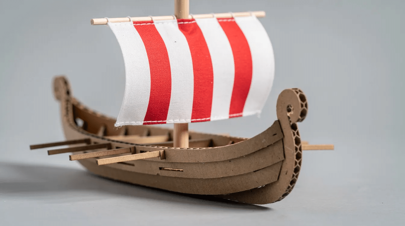 6398eafa-ddbf-4f1c-89a8-e8b0190c9e8f A close-up view of a cardboard Viking boat features a paper sail with red stripes attached to a wooden skewer mast, while small cardboard oars protrude from the hull sides, showcasing the fun and creativity of a DIY viking ship craft. The intricate details highlight the construction and design typical of a Viking longship, perfect for kids' projects.