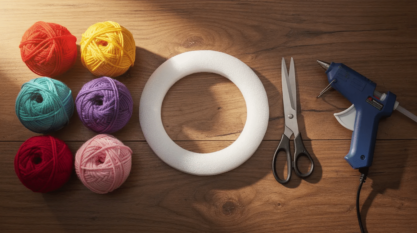 6425b8e8-0235-47d3-8bc1-71e0019e097e A wooden table is adorned with a variety of craft supplies, including colorful yarn skeins, a foam wreath ring, scissors, and a glue gun, perfect for creating a vibrant pom pom wreath for the holidays. The bright yarn in different colors suggests fun ideas for decorating a front door or wall display.
