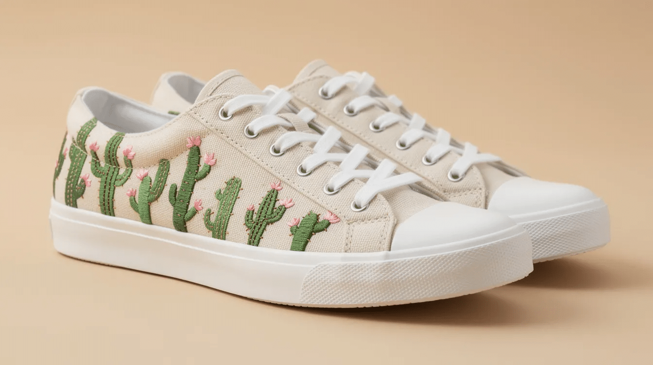6433a7f5-ab30-4494-be32-821f4f9ee3d0 The image features a stylish pair of embroidered cactus shoes, showcasing unique designs with a blend of ivory white and brown colors. These comfortable footwear options are perfect for casual outings, complementing various outfits like jeans or skirts, and highlight quality craftsmanship and durability.