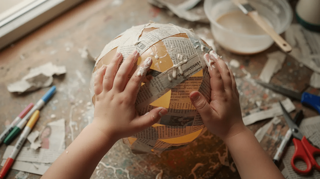 6435ed27-3c0d-4040-870a-12ec2452639d A child's hands are smoothing wet newspaper strips over a round balloon on a messy craft table, preparing the first layer for a paper mache snowman project. The table is cluttered with various supplies like paper towels, glue, and colorful decorations, showcasing the creative process of making a festive decoration.