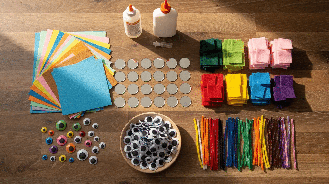 644ec9b8-ed42-4373-a021-caba96b50e71 An overhead view of a neatly arranged collection of craft supplies on a wooden table, featuring colorful foam sheets, round plastic mirrors, felt scraps, googly eyes, pipe cleaners, and a bottle of glue, perfect for creating animal themed mirrors and other fun projects for kids.