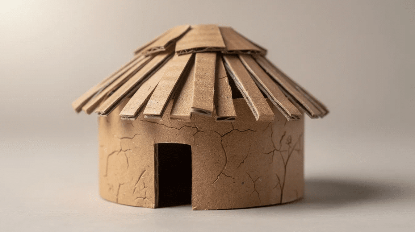 657ac403-e1f7-45a8-8d05-c4d0b3753f87 The image features a miniature cardboard model of an African mud hut, showcasing its round shape and mud walls, which are inspired by traditional architecture found across the African continent. The structure includes a thatched roof and a small door, reflecting the use of local materials and the creative ideas that symbolize the homesteads of various African countries.