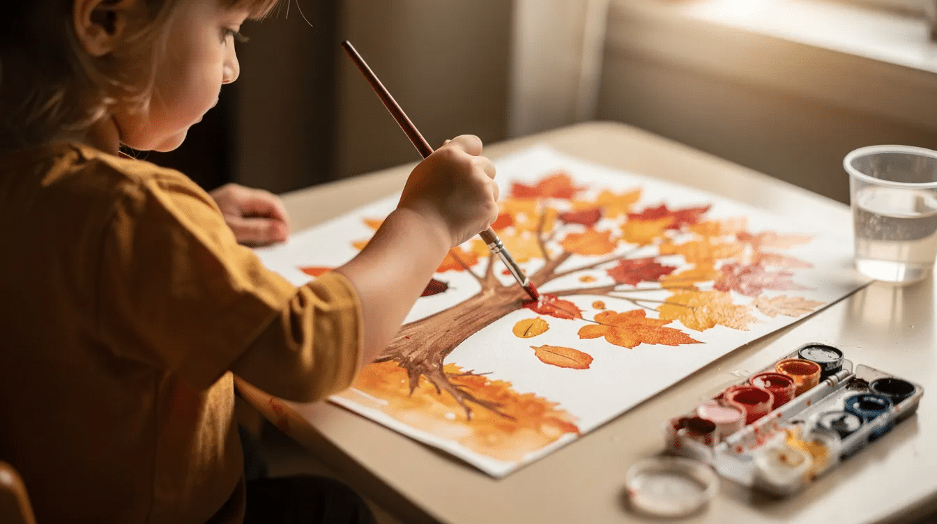 65e9b233-59f8-4a90-a8ae-7d0dcea1e697 A child is joyfully painting an autumn tree scene with vibrant warm orange and red watercolors on paper, capturing the essence of fall colors and creativity. This fun art project encourages fine motor skills and allows kids to explore their artistic abilities while celebrating the beauty of nature.