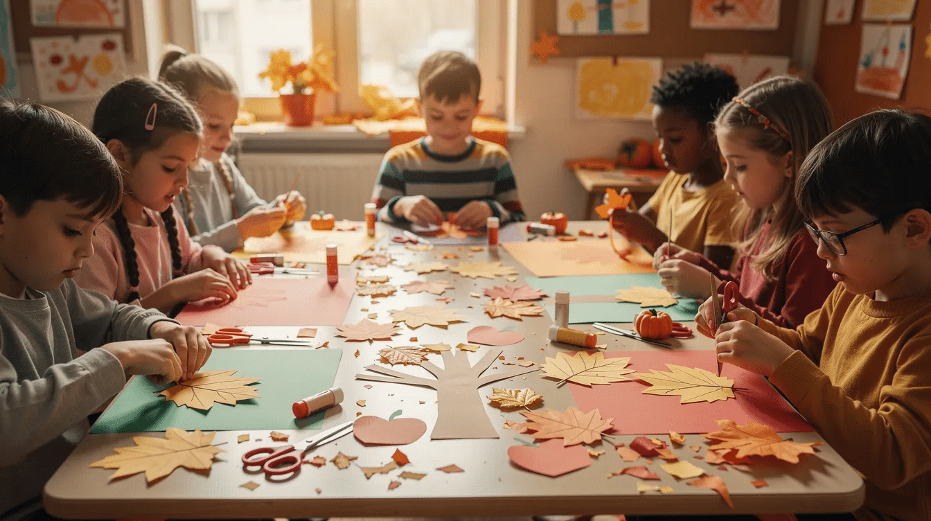 6646e0b2-9997-4c83-a329-f7506bdaf7fe A group of children joyfully sitting at a table filled with colorful construction paper, scissors, and glue, as they create autumn-themed paper crafts, including leaf shapes and pumpkin designs. This fun and creative way to celebrate fall encourages fine motor skills and allows kids to proudly display their colorful crafts.