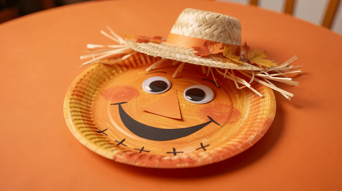 664cb611-d64a-4b71-805d-5b0764d32421 The image features a colorful paper plate scarecrow face craft with a big smile and a straw hat, placed on an orange table. This fun and creative fall craft showcases vibrant colors and is a perfect way for kids to develop their fine motor skills while making their own scarecrow.