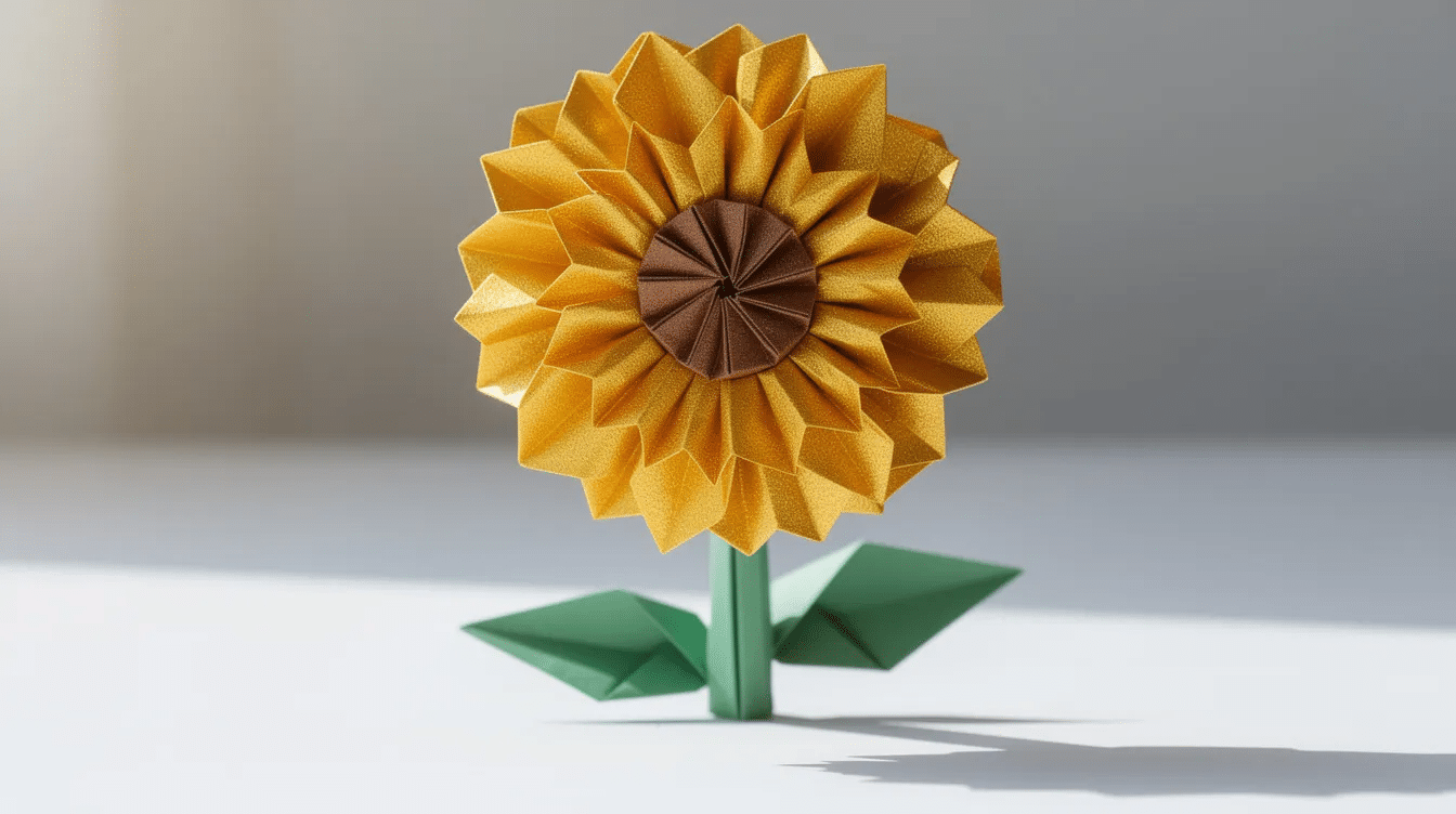 66625887-446c-4b53-847b-048e174b0a67 The image features a vibrant origami sunflower, showcasing intricate folds and bright yellow petals that resemble a blooming flower. This delightful origami project embodies the beauty of autumn and can inspire fun fall paper crafts, making it a perfect decoration for the season.