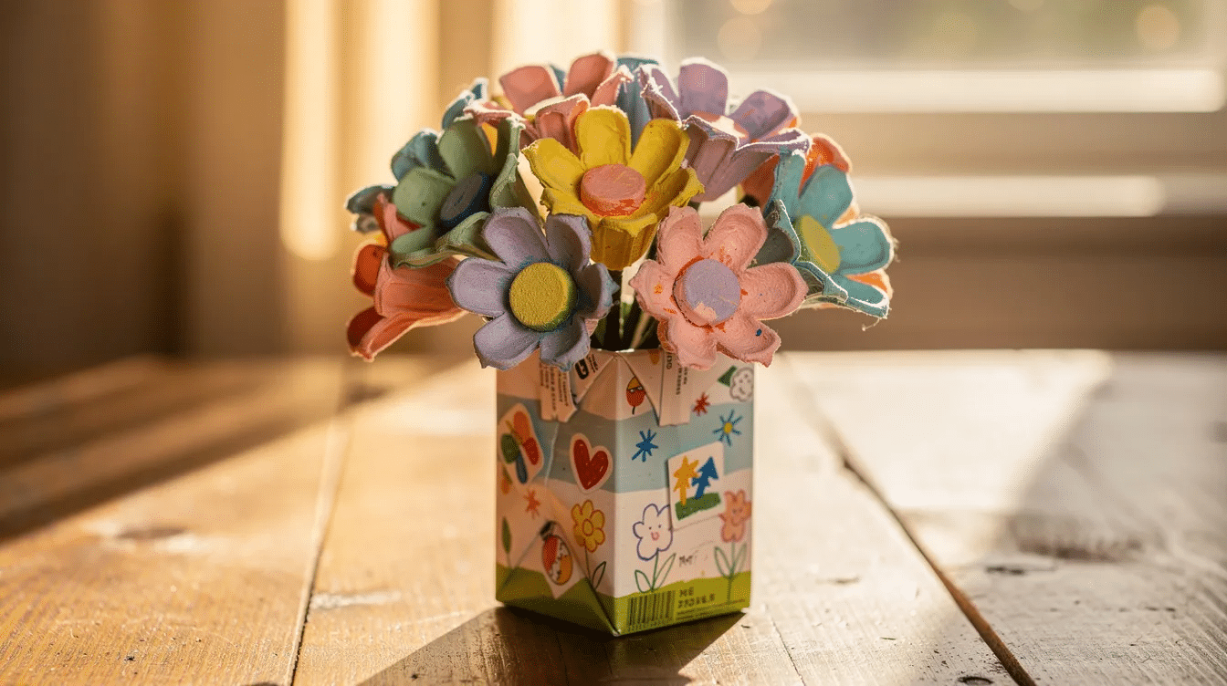 67c45a11-712d-4f5f-a430-af1897f6bbfc A vibrant handmade spring bouquet features colorful flowers crafted from painted egg cartons, elegantly arranged in a small juice box adorned with decorations. The scene is illuminated by warm spring sunshine streaming through a window, resting on a wooden table.