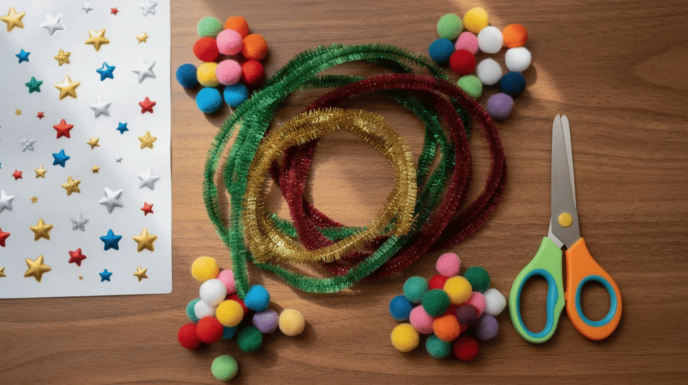 67e49ae0-d14b-4eda-8f30-e752596a5ffe A flat lay of colorful craft supplies on a wooden table features green, gold, and red fuzzy pipe cleaners, small pompoms, star stickers, and a pair of child-safe scissors, perfect for creating adorable mini Christmas tree decorations. This vibrant arrangement showcases materials that inspire kids to craft and decorate for the holiday season.