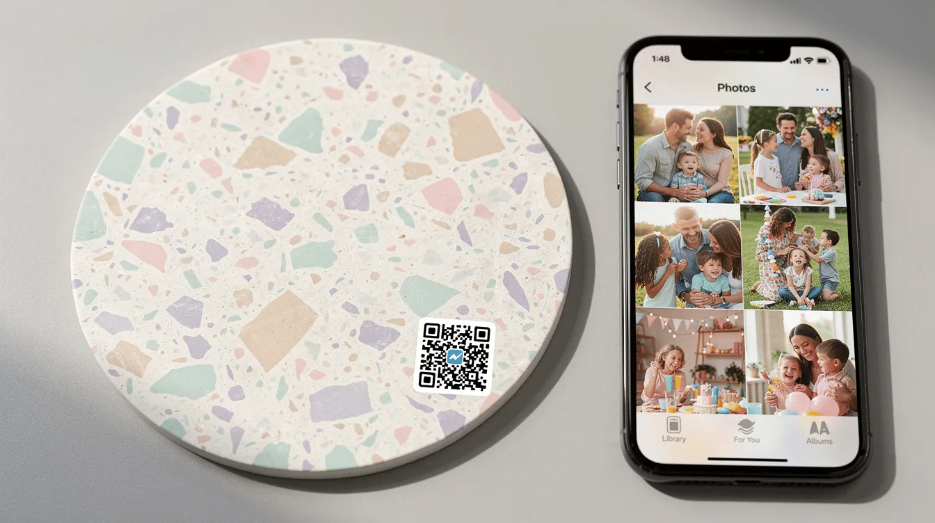 67f6edbb-5d04-4415-8c00-0b6e92ca1da7 A close-up view of a pastel-colored terrazzo coaster featuring a small QR code in the corner, with a smartphone beside it displaying a family photo gallery. This handmade coaster is a perfect example of DIY crafts, showcasing beautiful colors and shapes that add a special touch to any table.