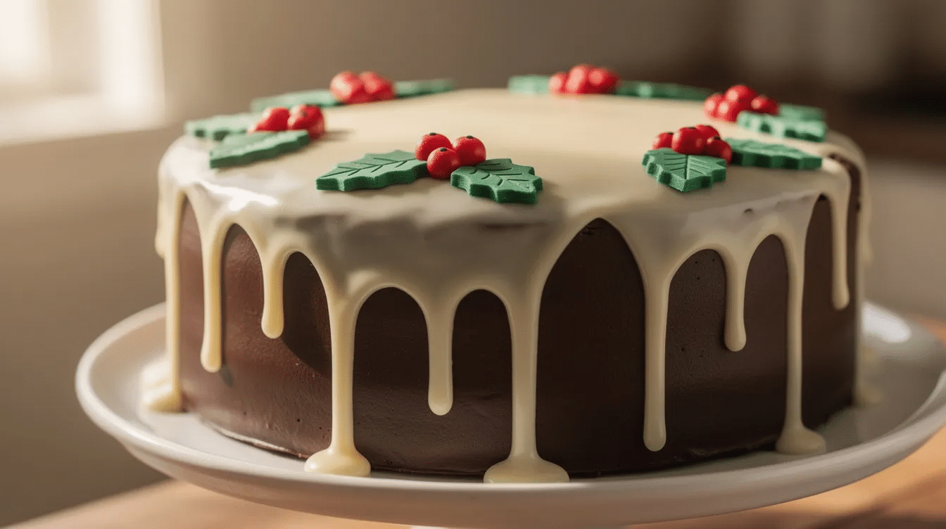 6825c3d6-1cc6-4992-b93a-348b5474c91f A close-up view of a dark chocolate frosted round cake showcases white chocolate ganache elegantly dripping down its sides. The cake is adorned with small green fondant holly leaves and red berries on top, creating a festive and delicious appearance perfect for a holiday celebration.