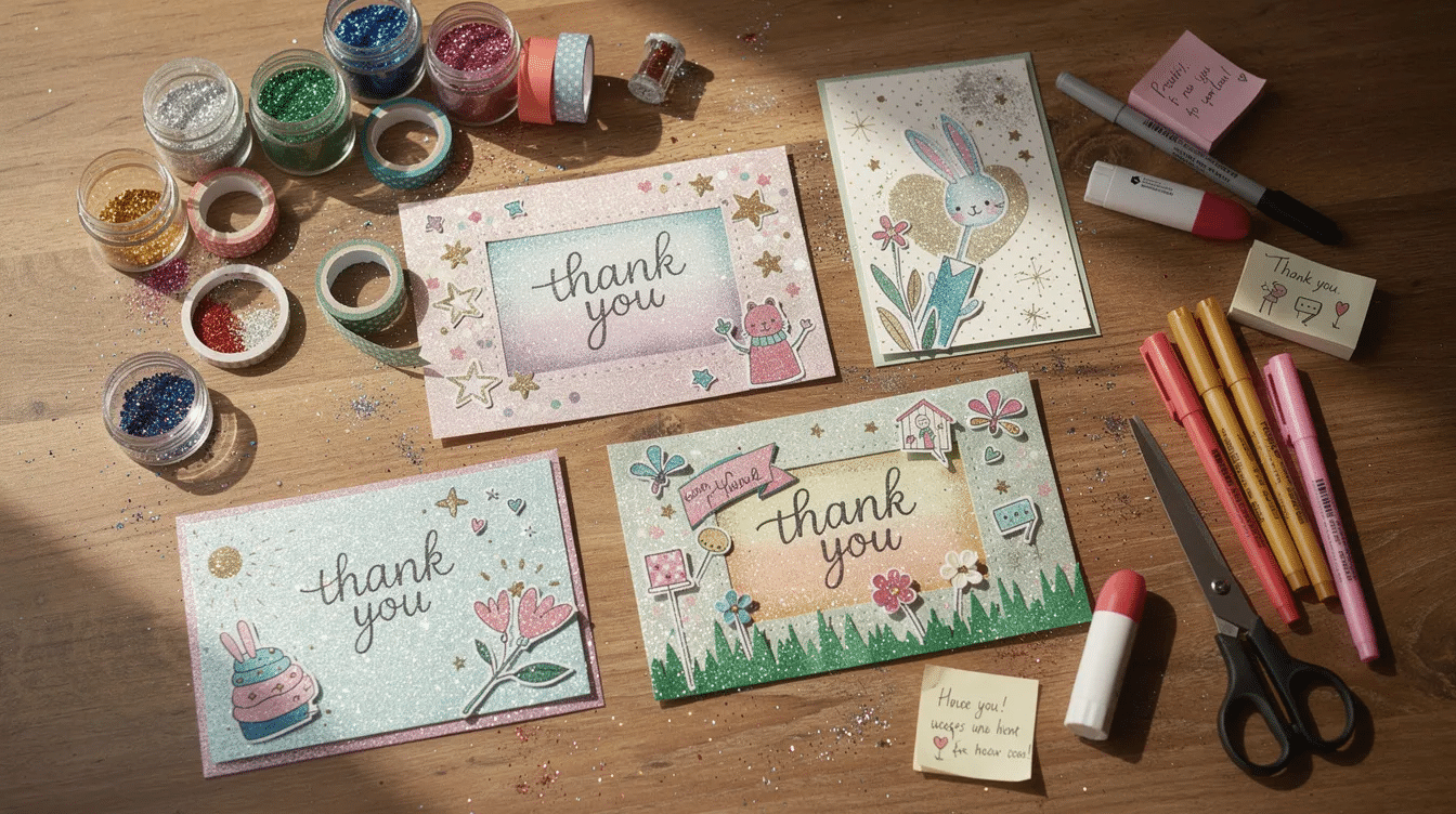 68370e86-c4a0-4629-8f76-fa1457c9e17f A collection of completed handmade glitter thank you cards is displayed on a wooden table, surrounded by various craft supplies. Each card features vibrant glitter and thoughtful messages, showcasing their standard size and creative designs ideal for expressing gratitude.