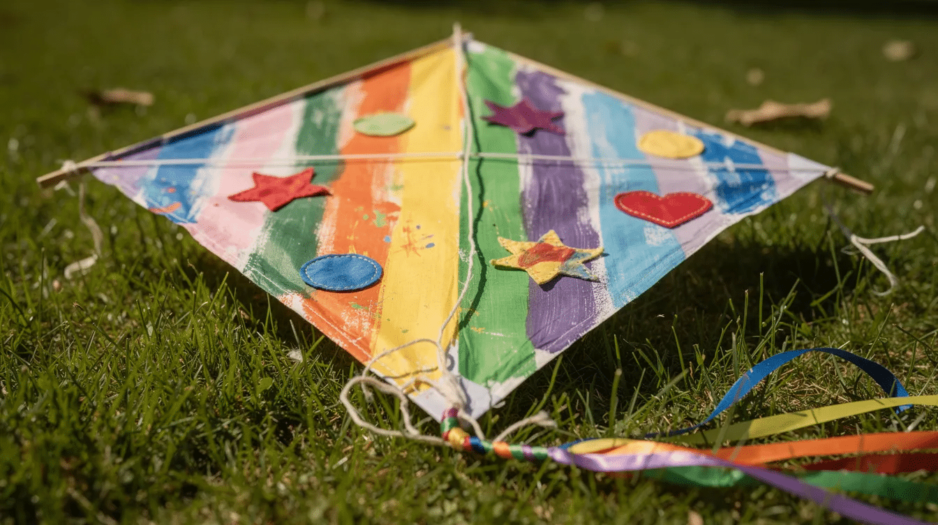 6871fd62-ee62-49ef-b118-513834d6f95b The image shows a brightly decorated homemade diamond kite resting on a patch of grass, featuring vibrant rainbow stripes and various fabric shapes crafted by a child. The kite, made from lightweight materials like ripstop nylon and adorned with a colorful tail, reflects the joy of DIY creativity and the fun of flying kites.