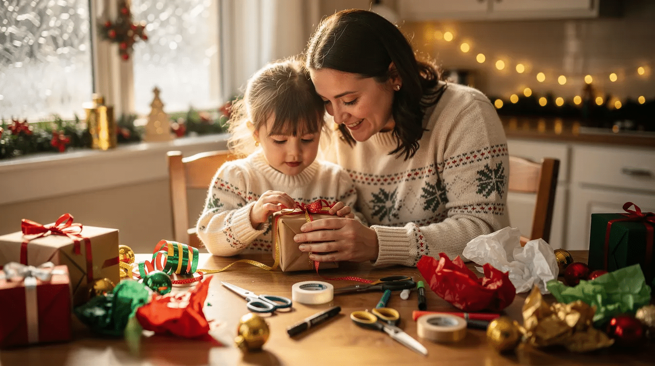 694ab050-299f-4f90-b451-a047022b4c40 A parent and young child are joyfully seated at a kitchen table filled with colorful craft supplies, including decorative ribbons, tissue paper, and pom poms, as they create festive DIY gifts for the holiday season. The warm atmosphere captures the essence of family bonding through holiday crafts, perfect for making cherished keepsakes.