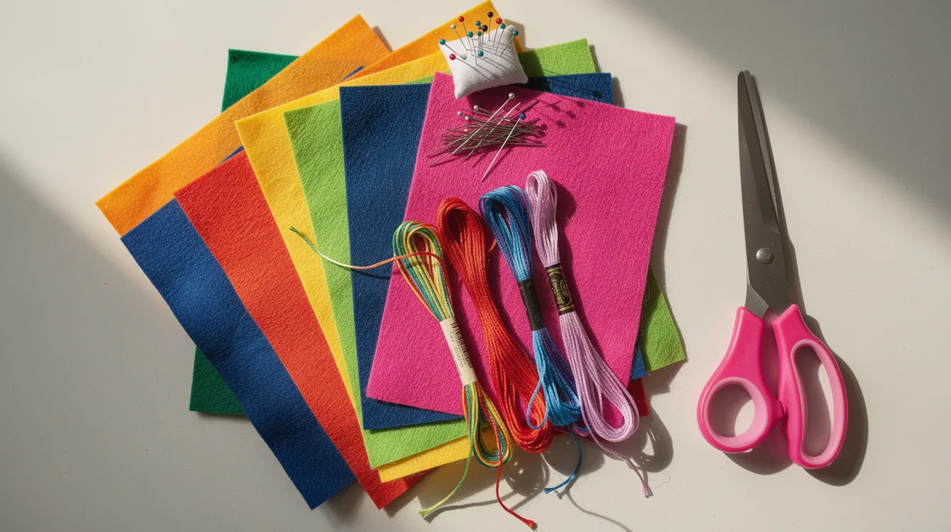 6a26d4dc-20cf-45da-a0d5-4a6b1f621e53 A flat lay arrangement of various craft supplies showcases colorful felt sheets in different shades, scissors, vibrant embroidery thread, and sewing needles, all placed on a light surface. This image highlights the essentials for creating felt projects, perfect for making alphabet letters and other fun craft projects.